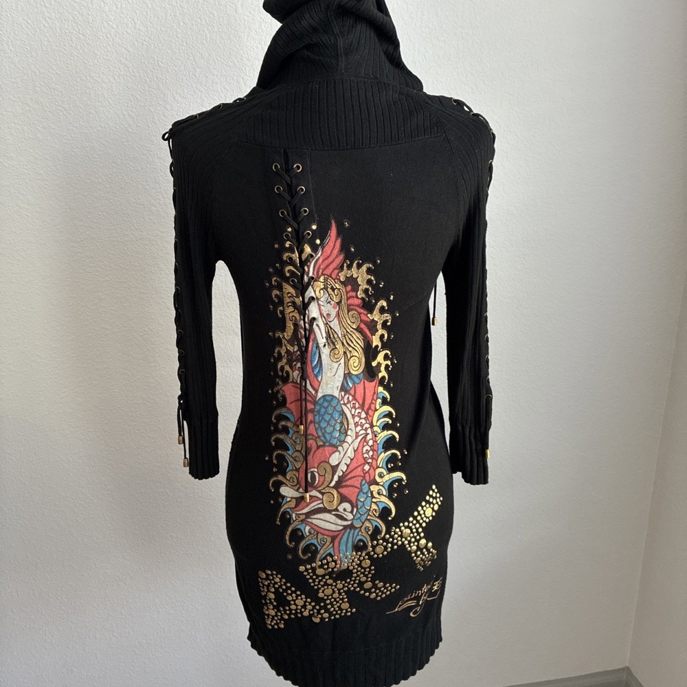 Vintage Ed Hardy Christian Audiger Hooded Tunic Dress Mermaid Print Y2K Small